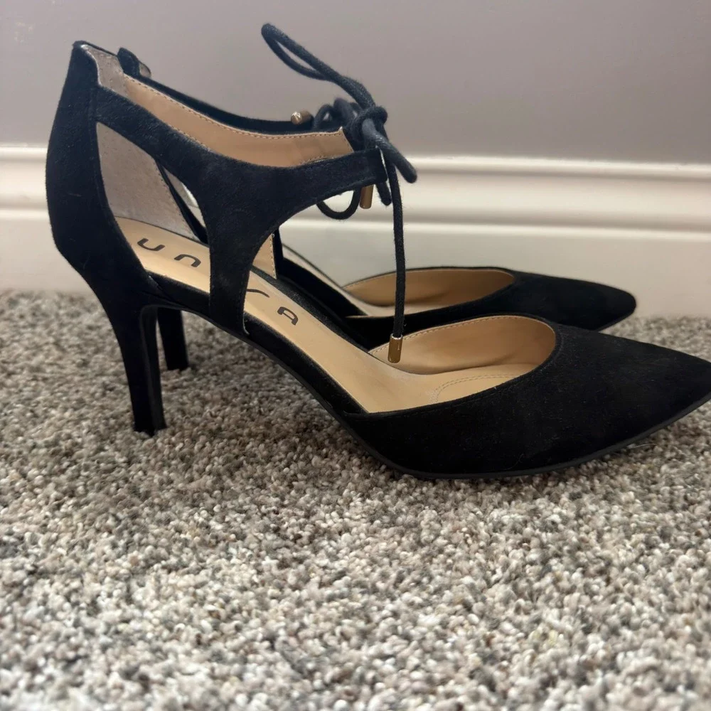 Unisa Womens Black Faux Suede D'Orsay Pointed Toe Lace Up Ankle Tie Pumps 9.5M